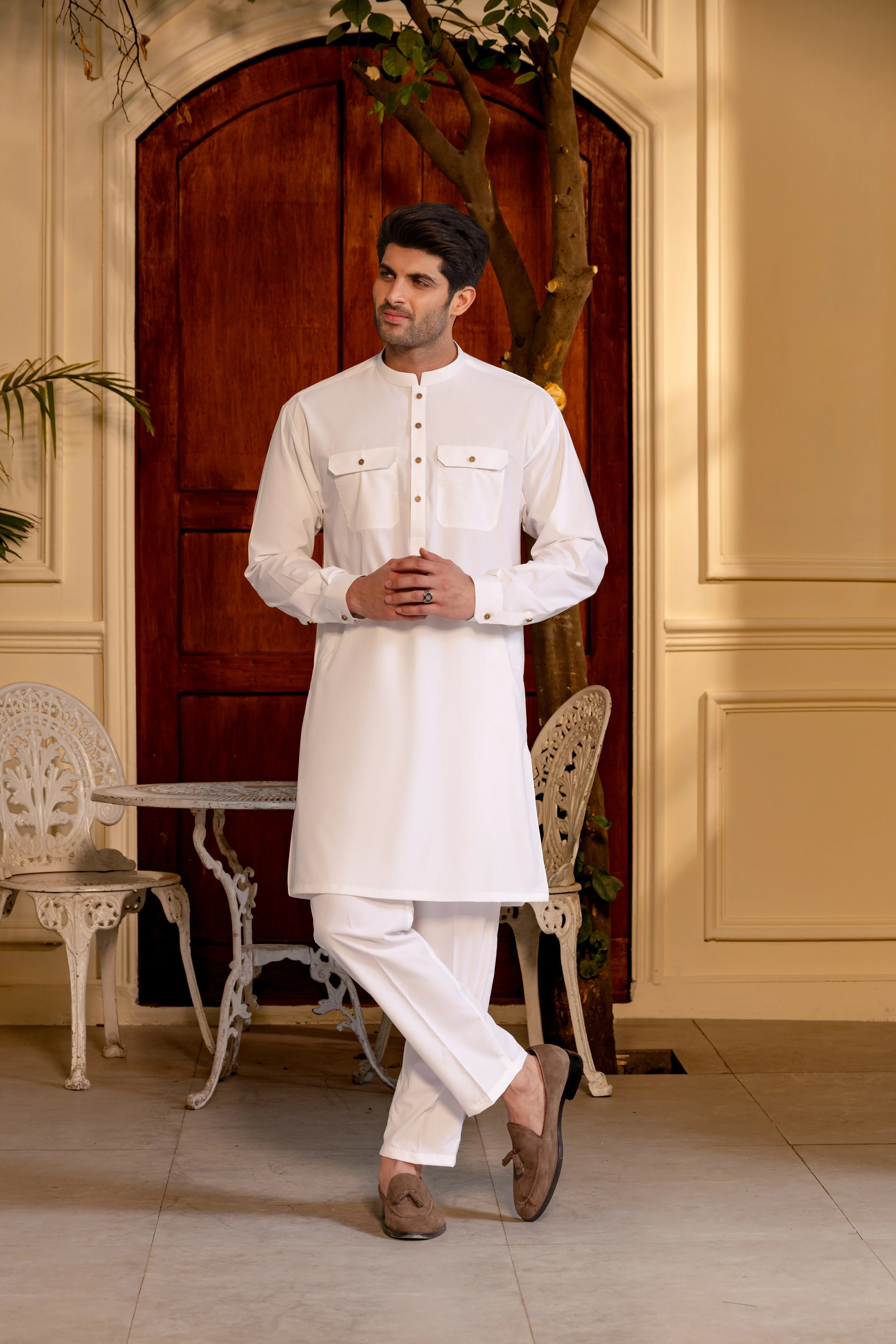Stitched Double Pocket Boski Kurta Trouser With Contrast Metal Buttons for Men - Off White | Black | Bottle Green - A Man
