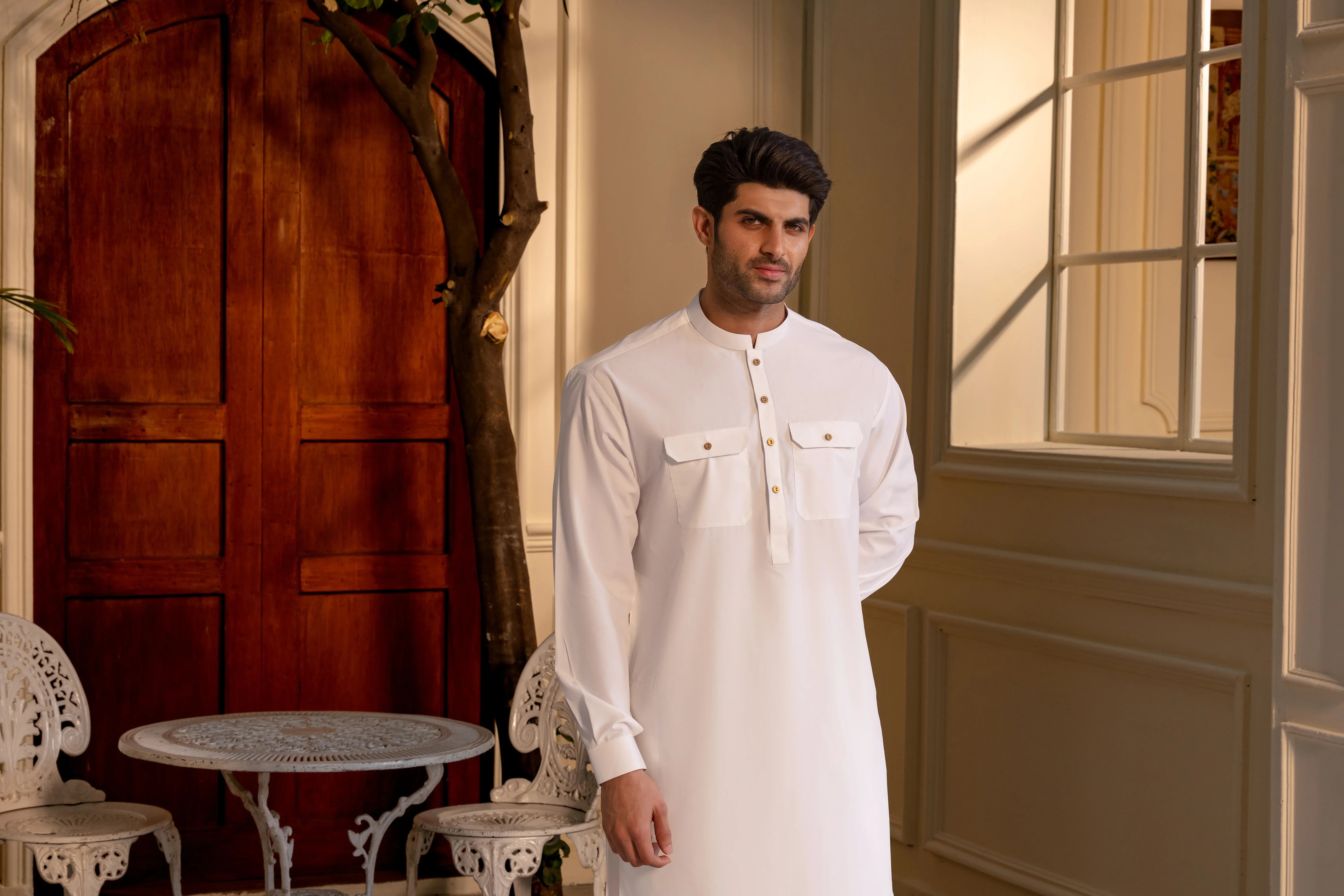 Stitched Double Pocket Boski Kurta Trouser With Contrast Metal Buttons for Men - Off White | Black | Bottle Green - A Man