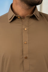 Stitched Classic Kurta Shalwar With Button Placket Detail for Men - Brown