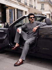 Stitched Cotton Kurta Trouser Set Relaxed Fit - Slate Grey