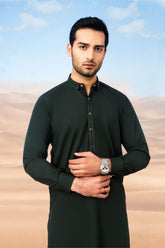 Elegant Short Collar Kameez Shalwar with Subtle Detailing - Bottle Green