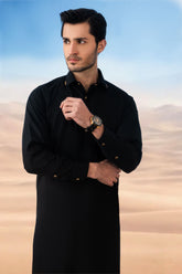 Sophisticated Kameez Shalwar with Gold Button Detailing - Black
