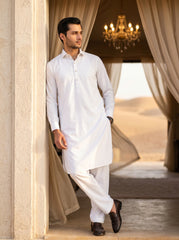 Premium Round Collar Kameez Shalwar with Button Detailing - Off White
