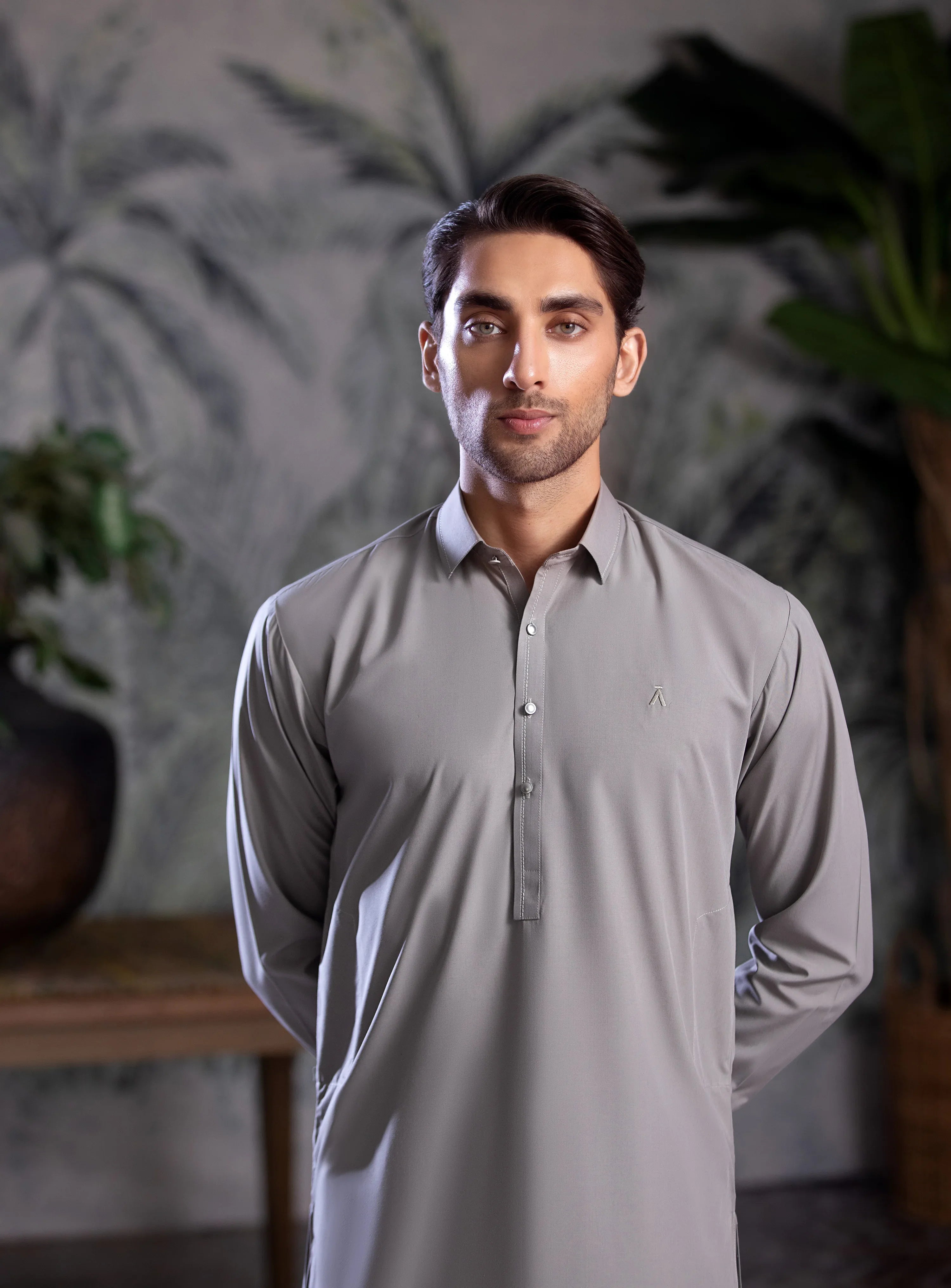 Stitched Collar Kameez With Matching Shalwar for Men - Light Grey - A Man