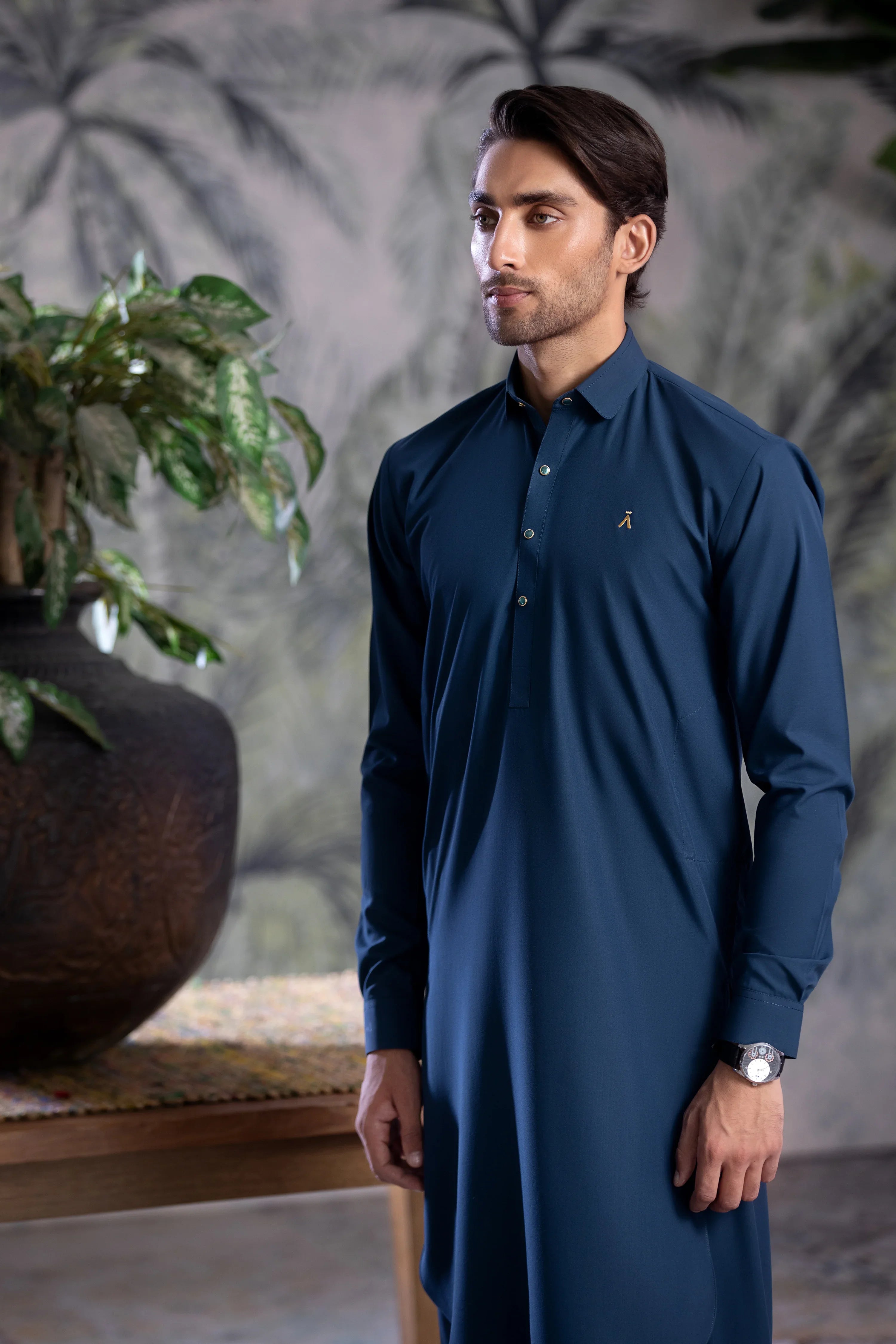 Stitched Elegant Collar Kameez Shalwar With Logo for Men - Zinc - A Man