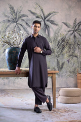 Stitched Collar Kameez Shalwar for Men - Charcoal Grey - A Man