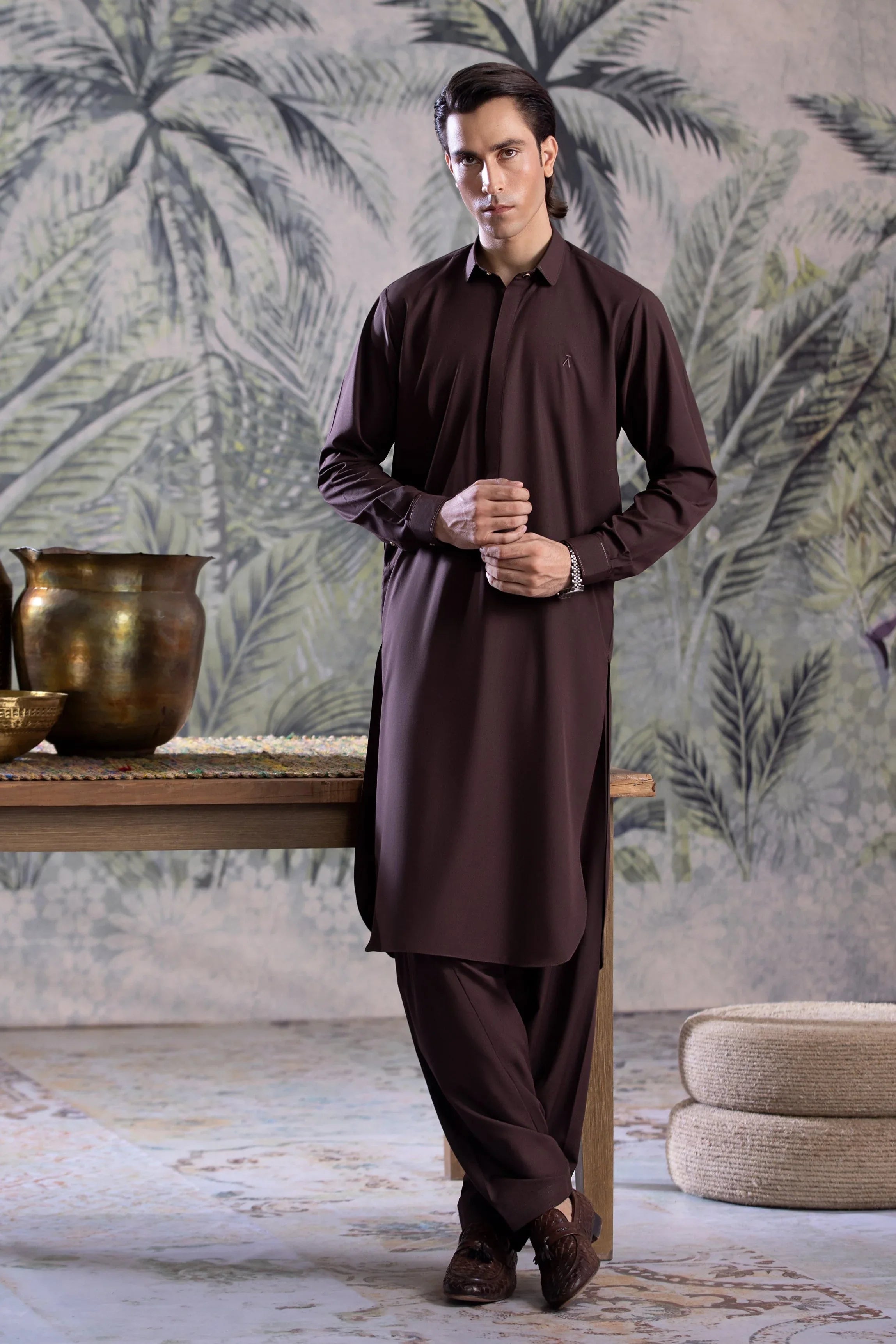 Stitched Round Collar Hidden Placket Kameez Shalwar for Men - Chocolate - A Man