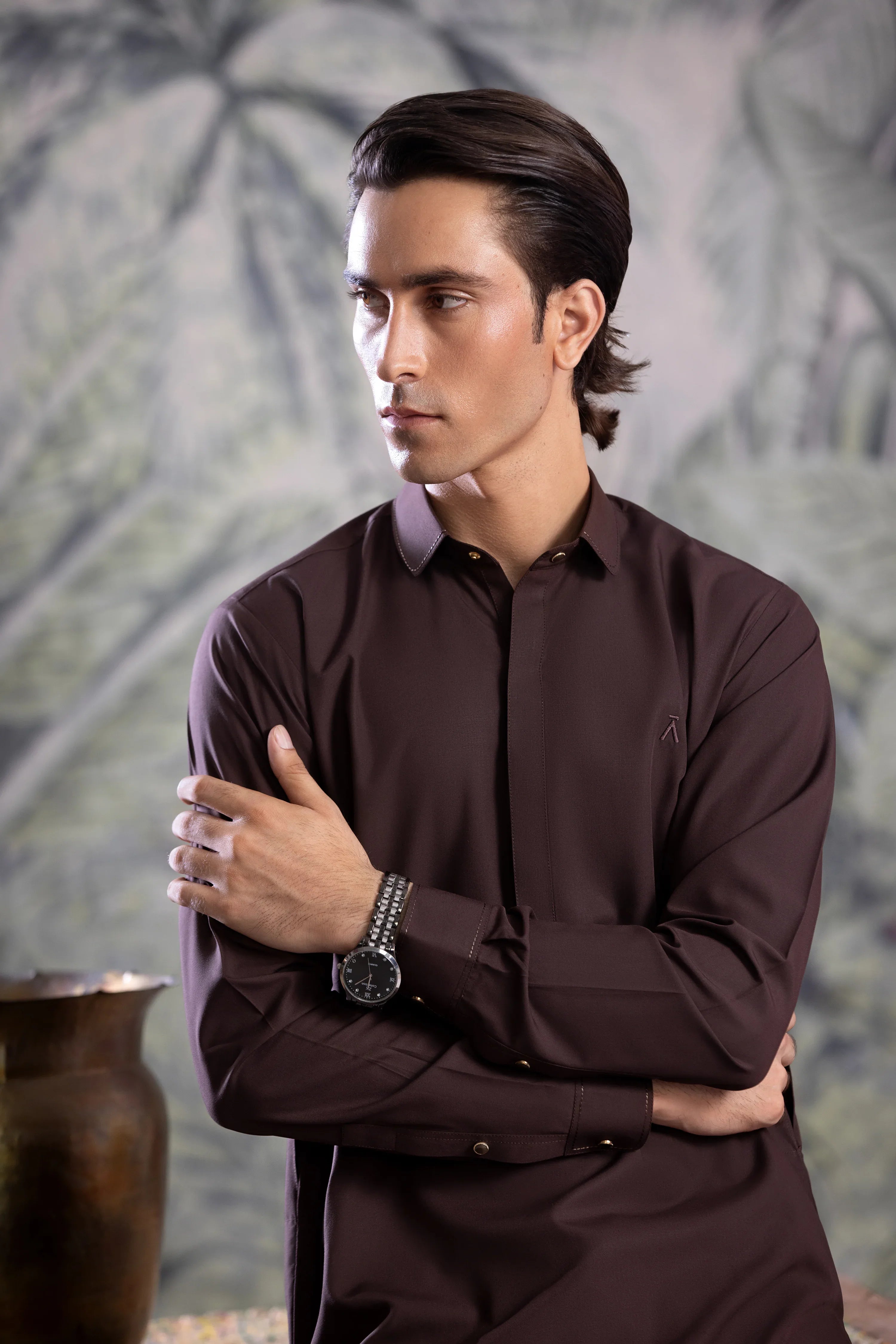 Stitched Round Collar Hidden Placket Kameez Shalwar for Men - Chocolate - A Man