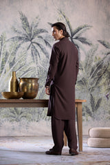 Stitched Round Collar Hidden Placket Kameez Shalwar for Men - Chocolate - A Man