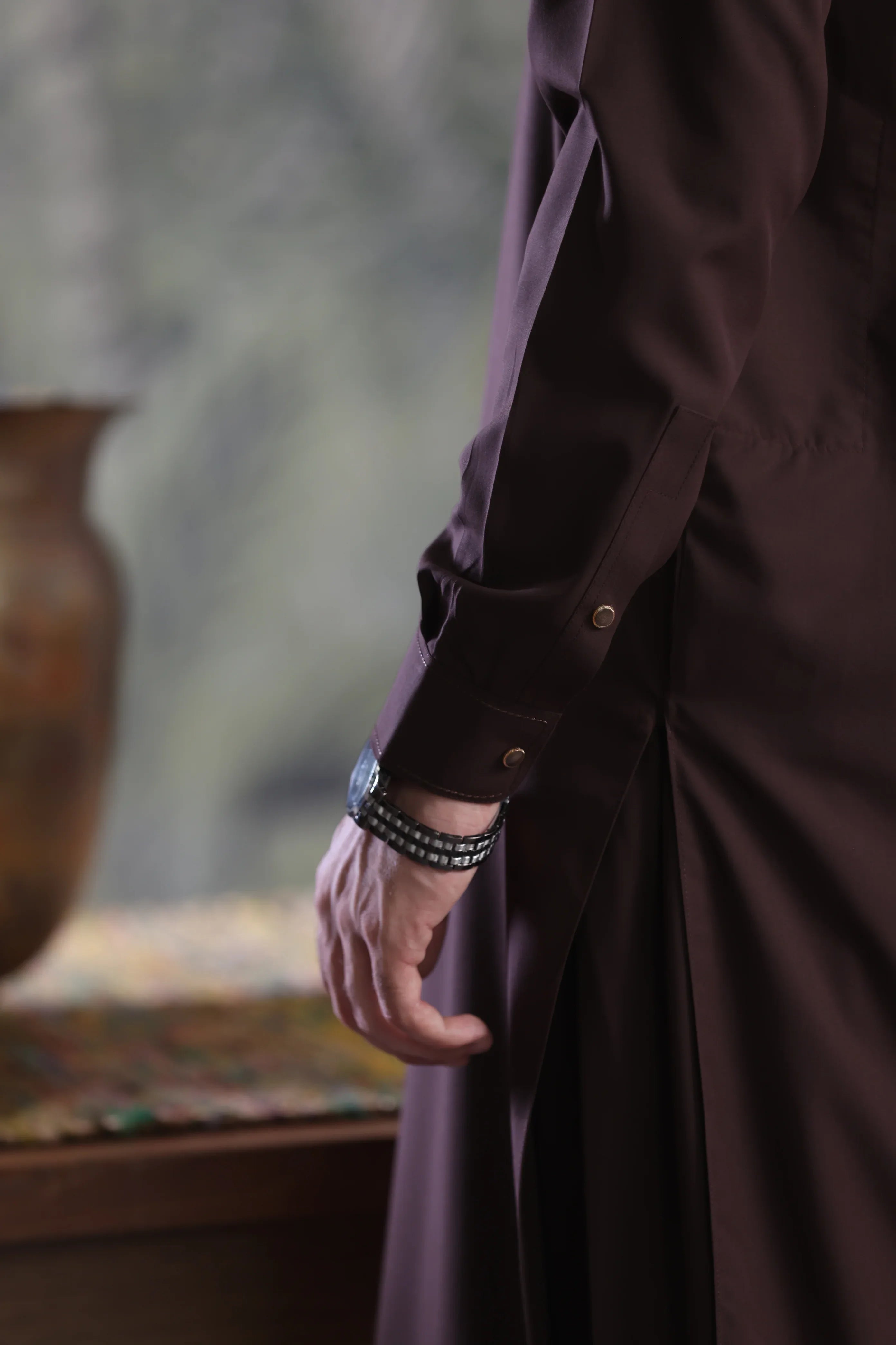 Stitched Round Collar Hidden Placket Kameez Shalwar for Men - Chocolate - A Man