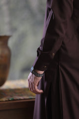 Stitched Round Collar Hidden Placket Kameez Shalwar for Men - Chocolate - A Man