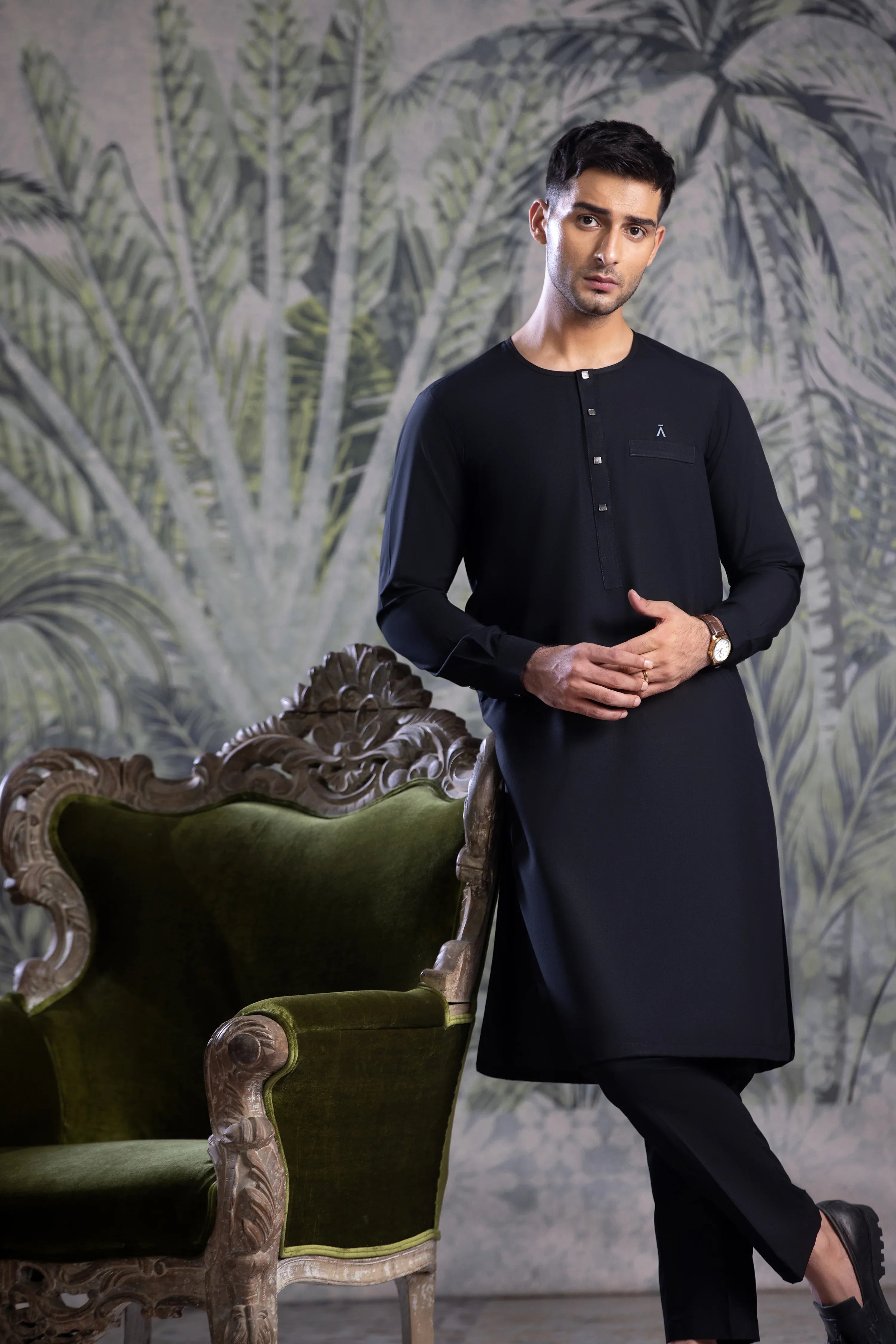 Stitched Ban Less Short Kurta Trouser With Contrast Metal Square Buttons for Men - Black - A Man