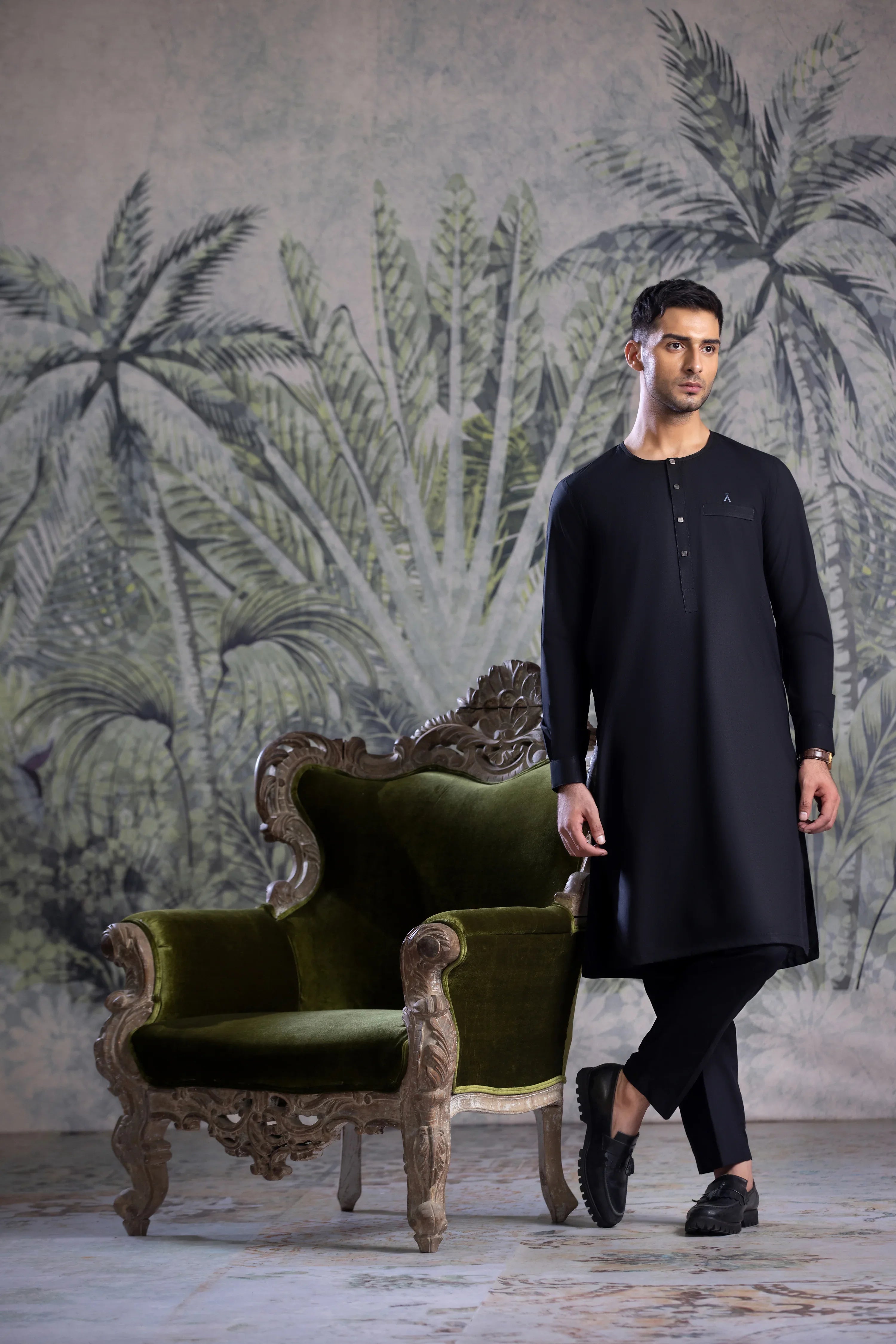 Stitched Ban Less Short Kurta Trouser With Contrast Metal Square Buttons for Men - Black - A Man