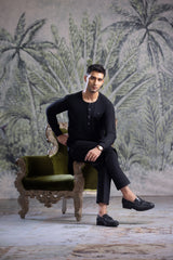 Stitched Ban Less Short Kurta Trouser With Contrast Metal Square Buttons for Men - Black - A Man