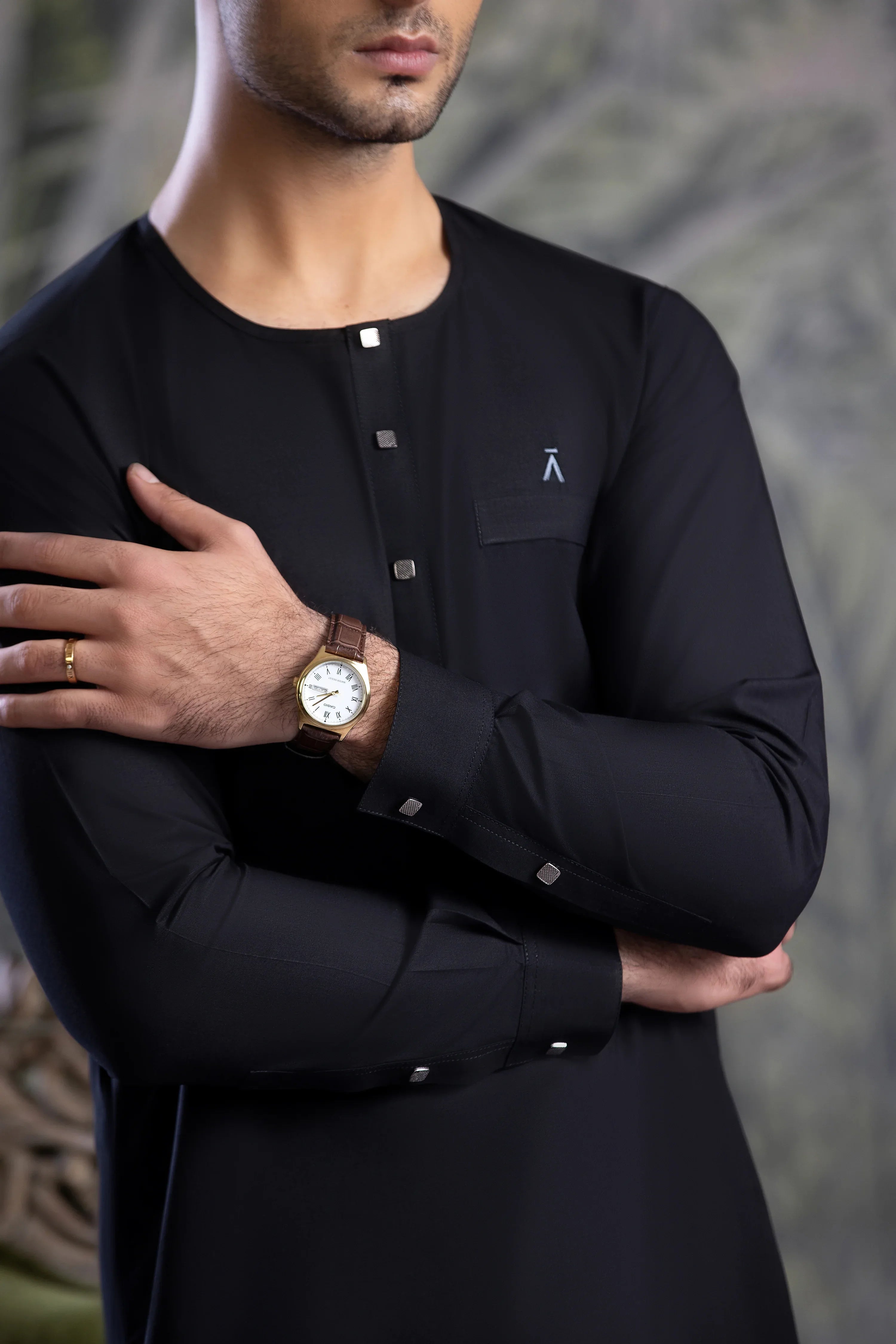 Stitched Ban Less Short Kurta Trouser With Contrast Metal Square Buttons for Men - Black - A Man