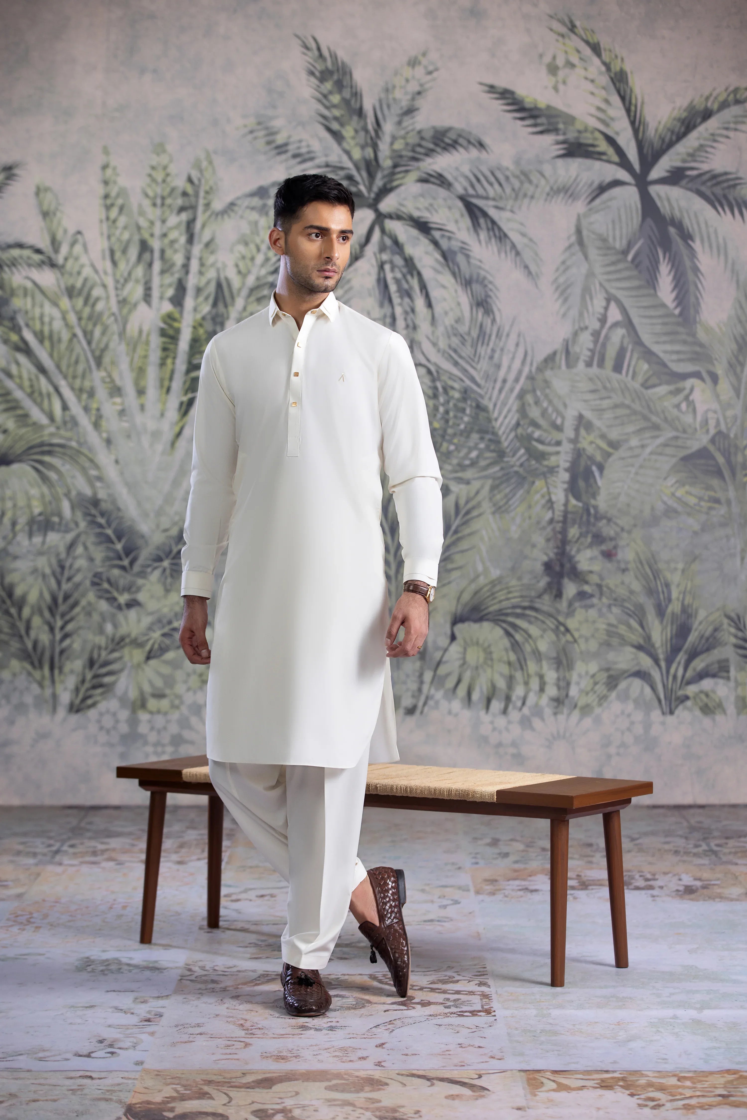 Stitched Premium Boski Kameez Shalwar With Golden Square Buttons for Men - Cream - A Man
