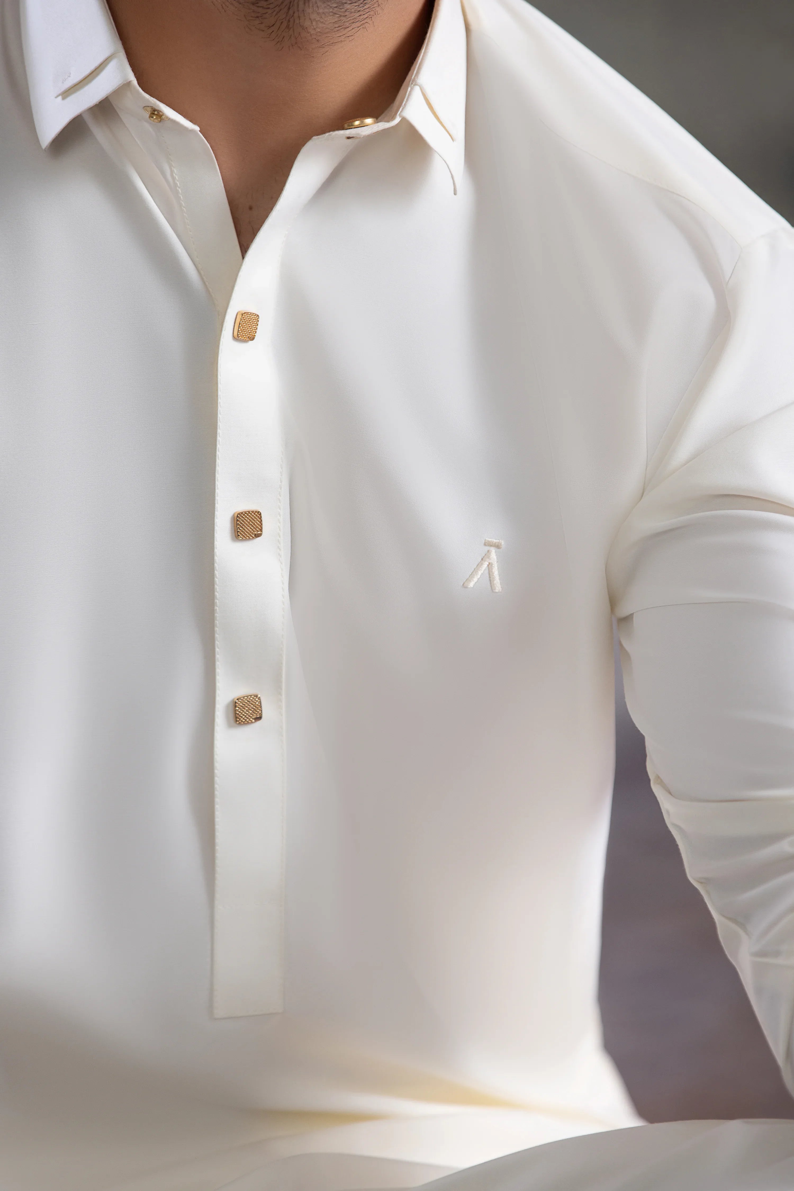 Stitched Premium Boski Kameez Shalwar With Golden Square Buttons for Men - Cream - A Man
