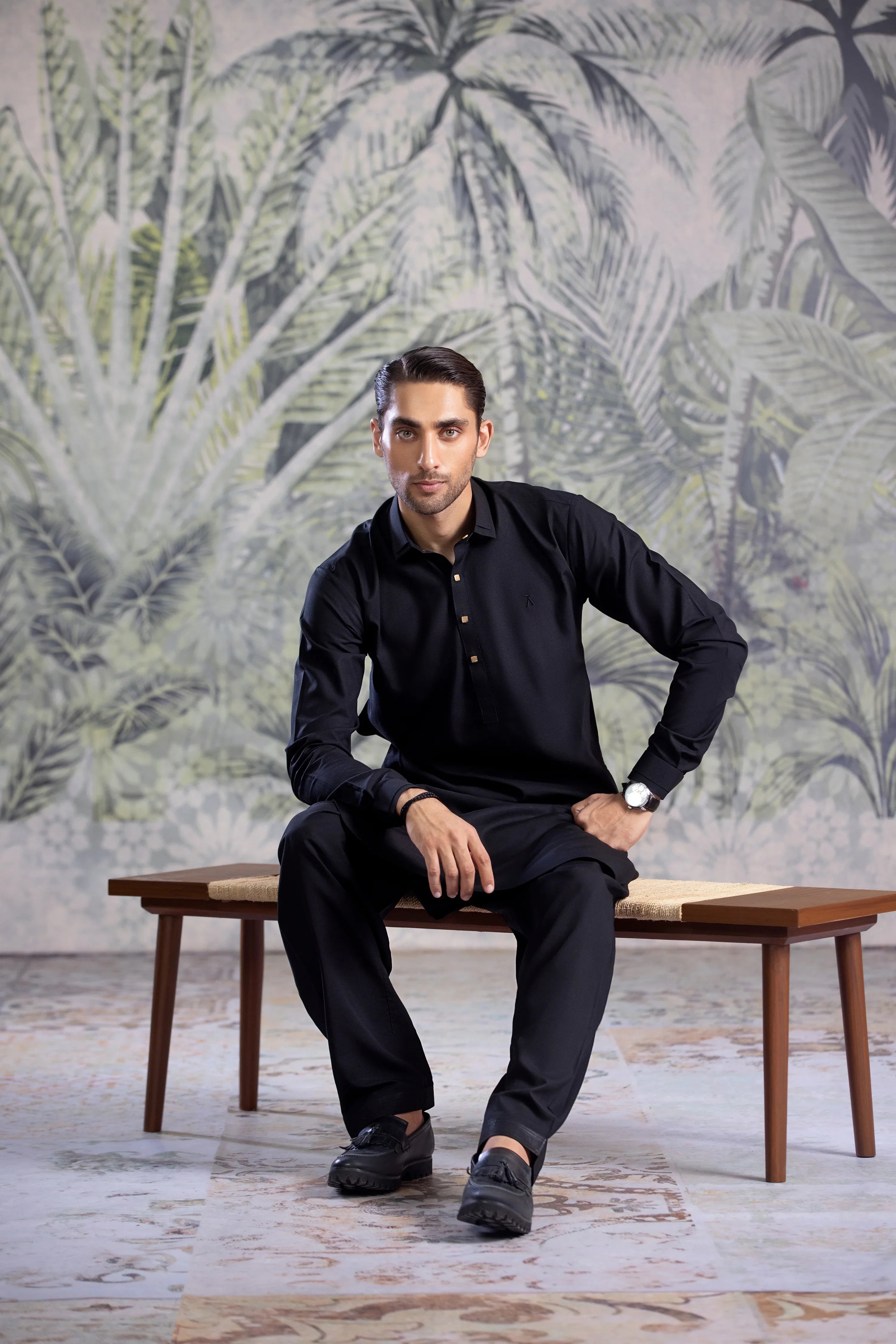 Stitched Double Collar Kameez Shalwar With Golden Square Metal Buttons for Men - Black - A Man