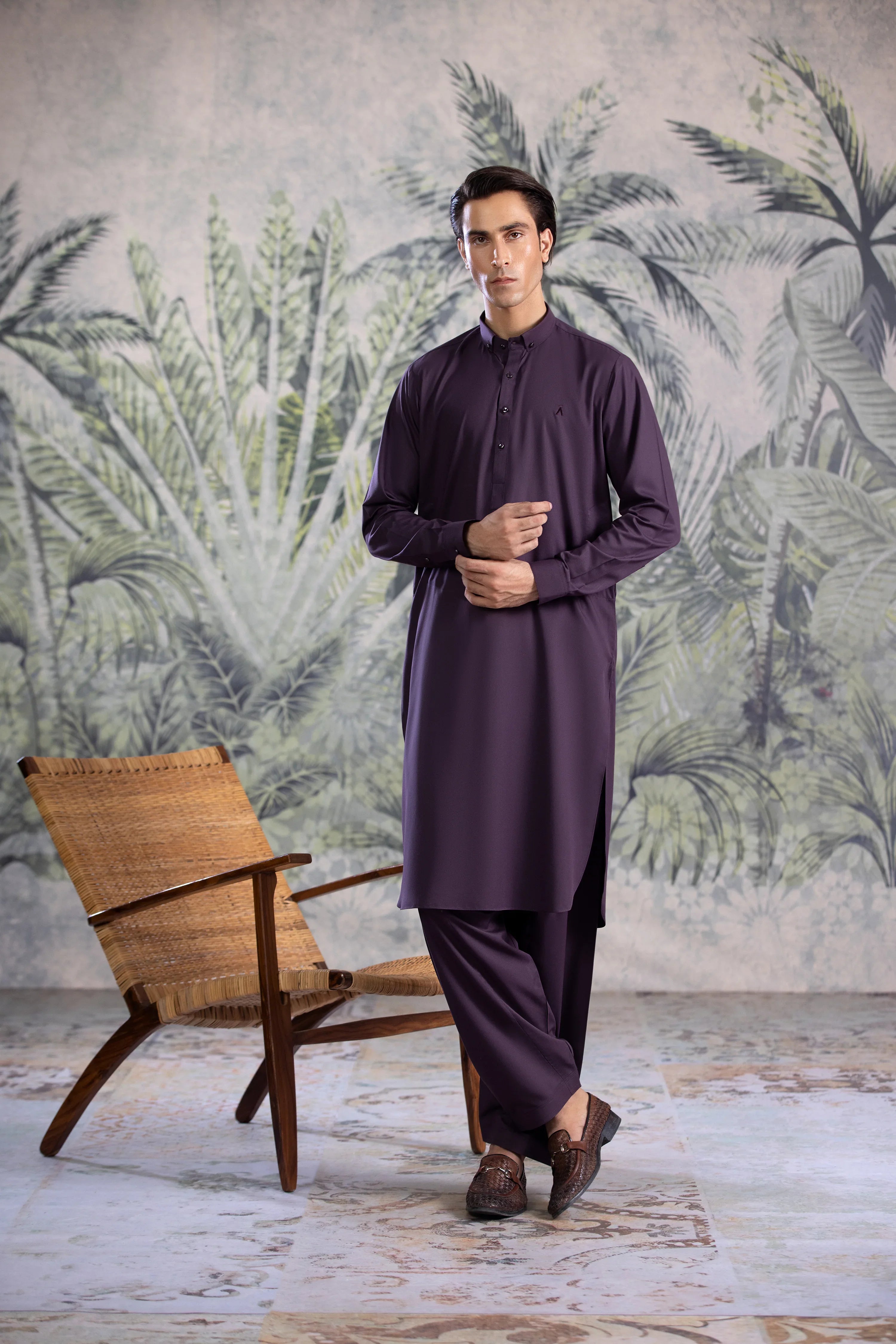 Stitched Button Down Collar Kameez With Matching Shalwar for Men - Purple - A Man