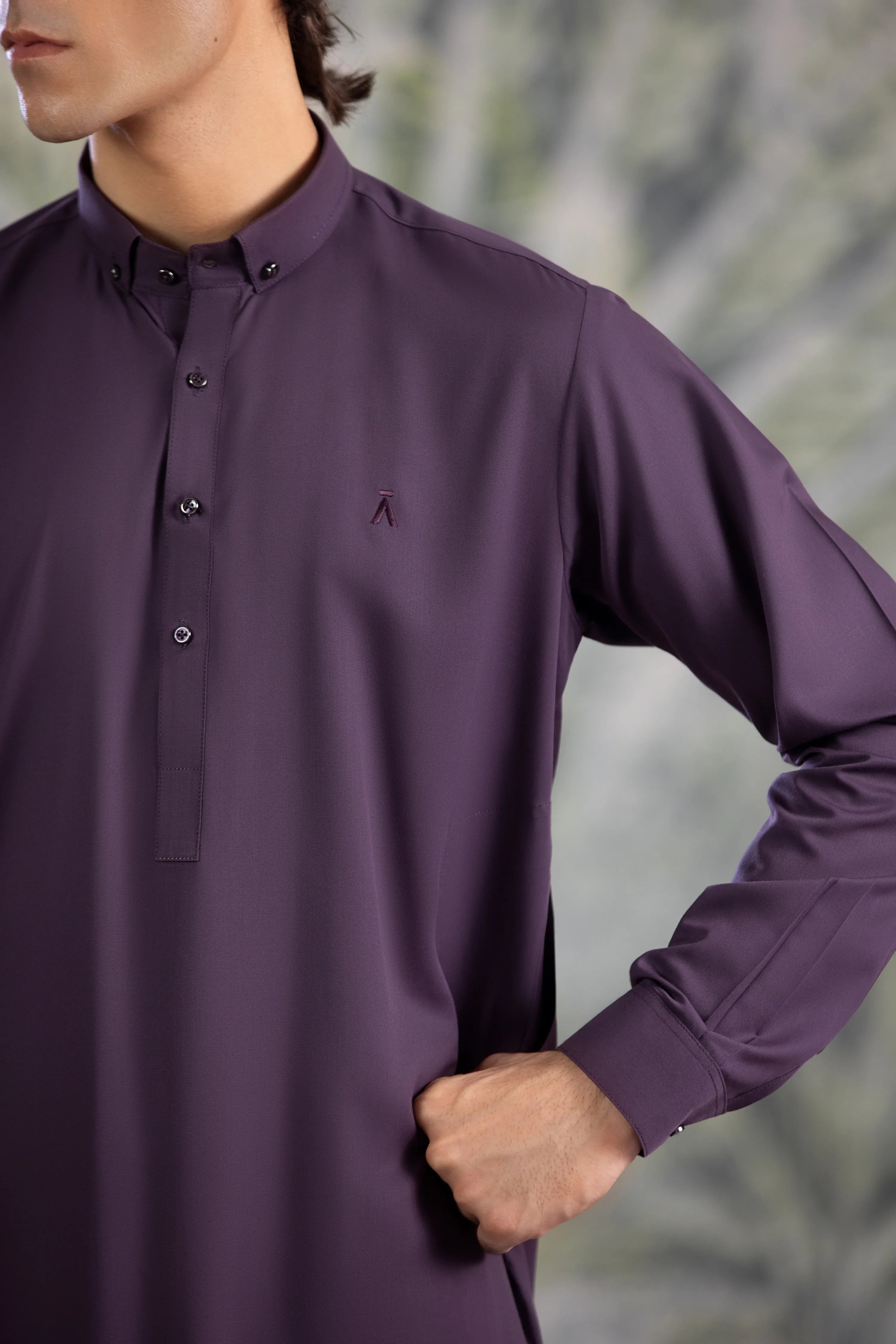Stitched Button Down Collar Kameez With Matching Shalwar for Men - Purple - A Man