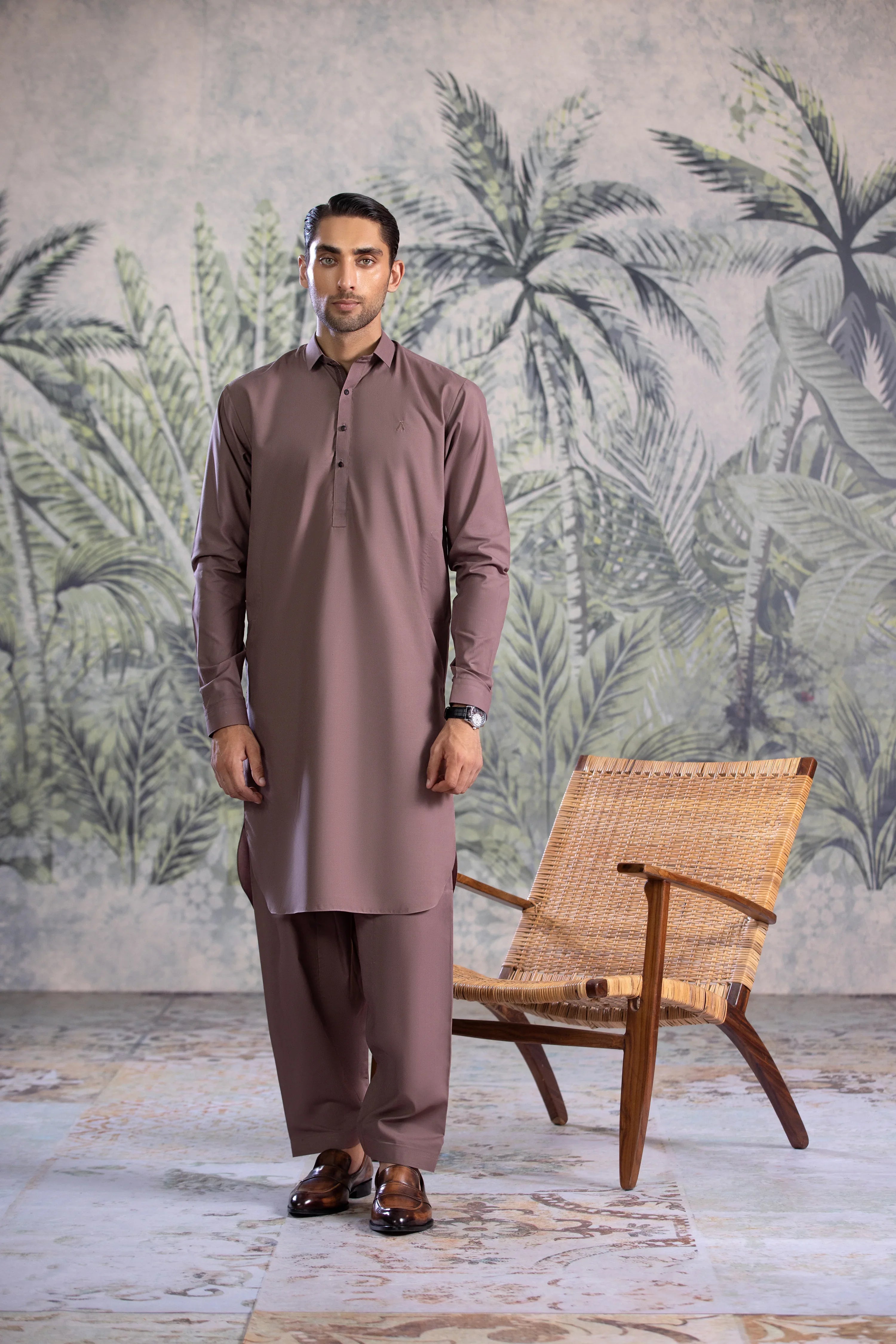 Stitched Collar Kameez With Matching Shalwar for Men - Mauve - A Man