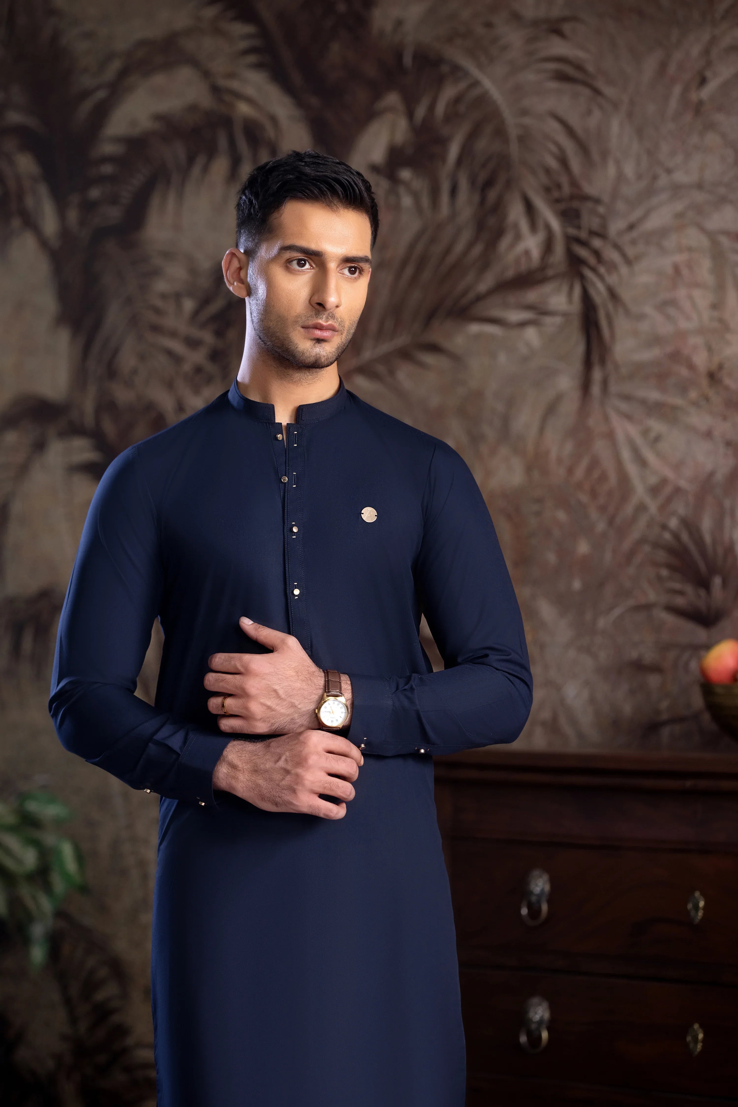 Stitched Golden Detailing Kurta Trouser With A MAN Badge for Men - Dark Blue - A Man