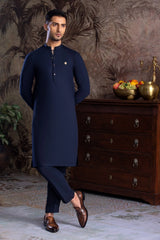 Stitched Golden Detailing Kurta Trouser With A MAN Badge for Men - Dark Blue - A Man