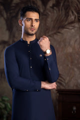 Stitched Golden Detailing Kurta Trouser With A MAN Badge for Men - Dark Blue - A Man