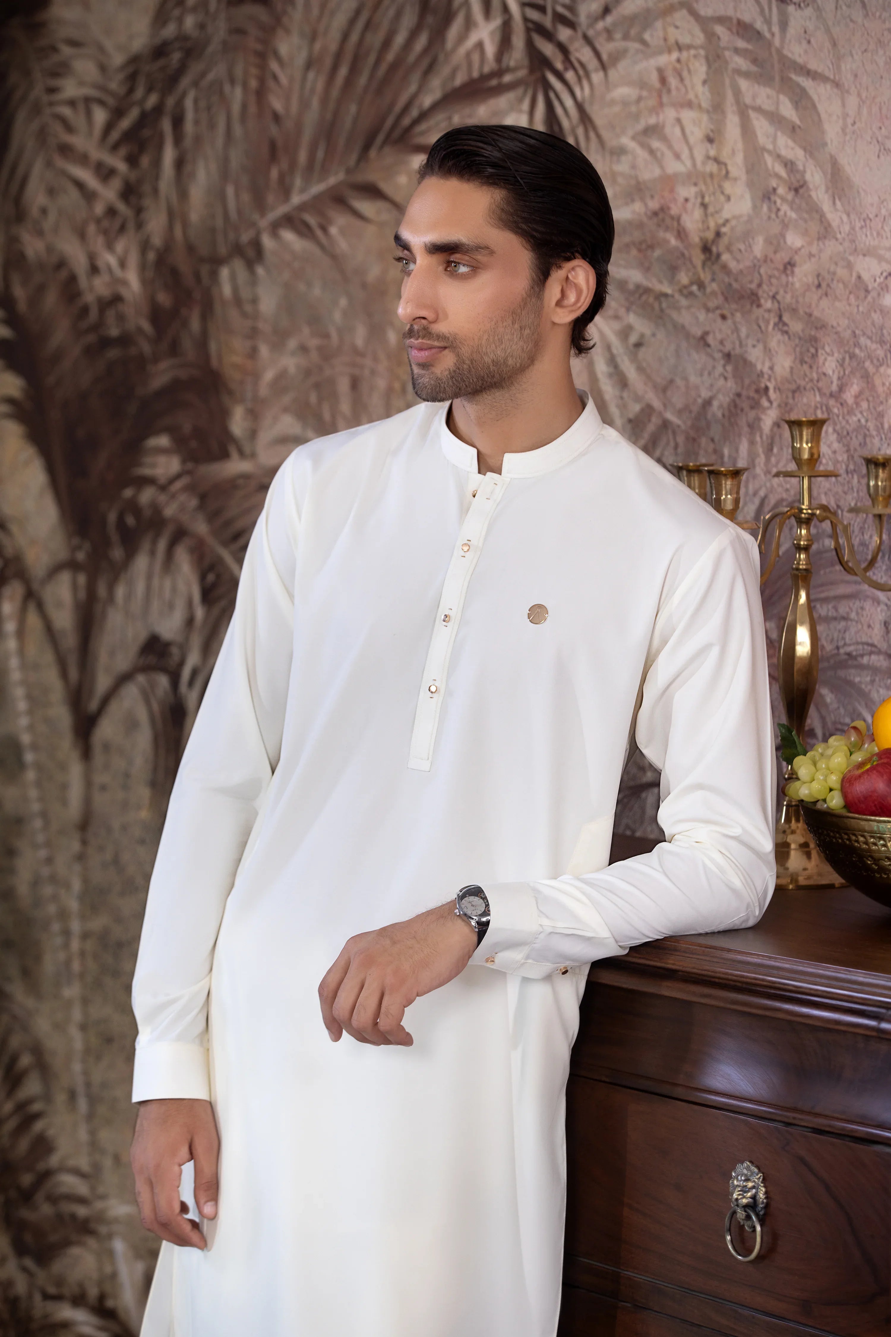 Stitched Boski Premium Kurta Trouser With Golden Metal Buttons for Men - Cream - A Man