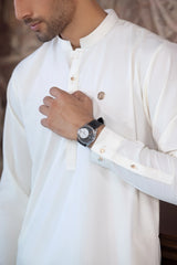 Stitched Boski Premium Kurta Trouser With Golden Metal Buttons for Men - Cream - A Man