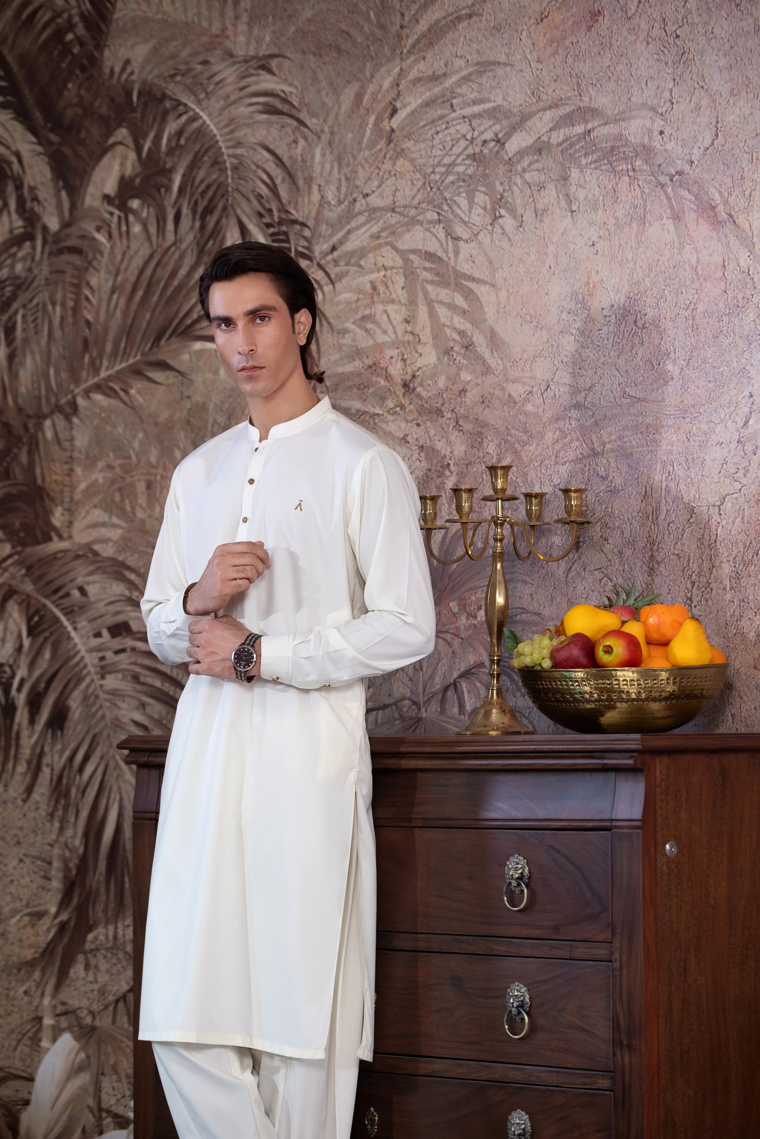 Stitched Boski Kurta Shalwar With Contrast Logo & Metal Buttons for Men - Cream - A Man