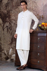 Stitched Boski Kurta Shalwar With Contrast Logo & Metal Buttons for Men - Cream - A Man