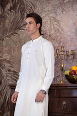 Stitched Boski Kurta Shalwar With Contrast Logo & Metal Buttons for Men - Cream - A Man