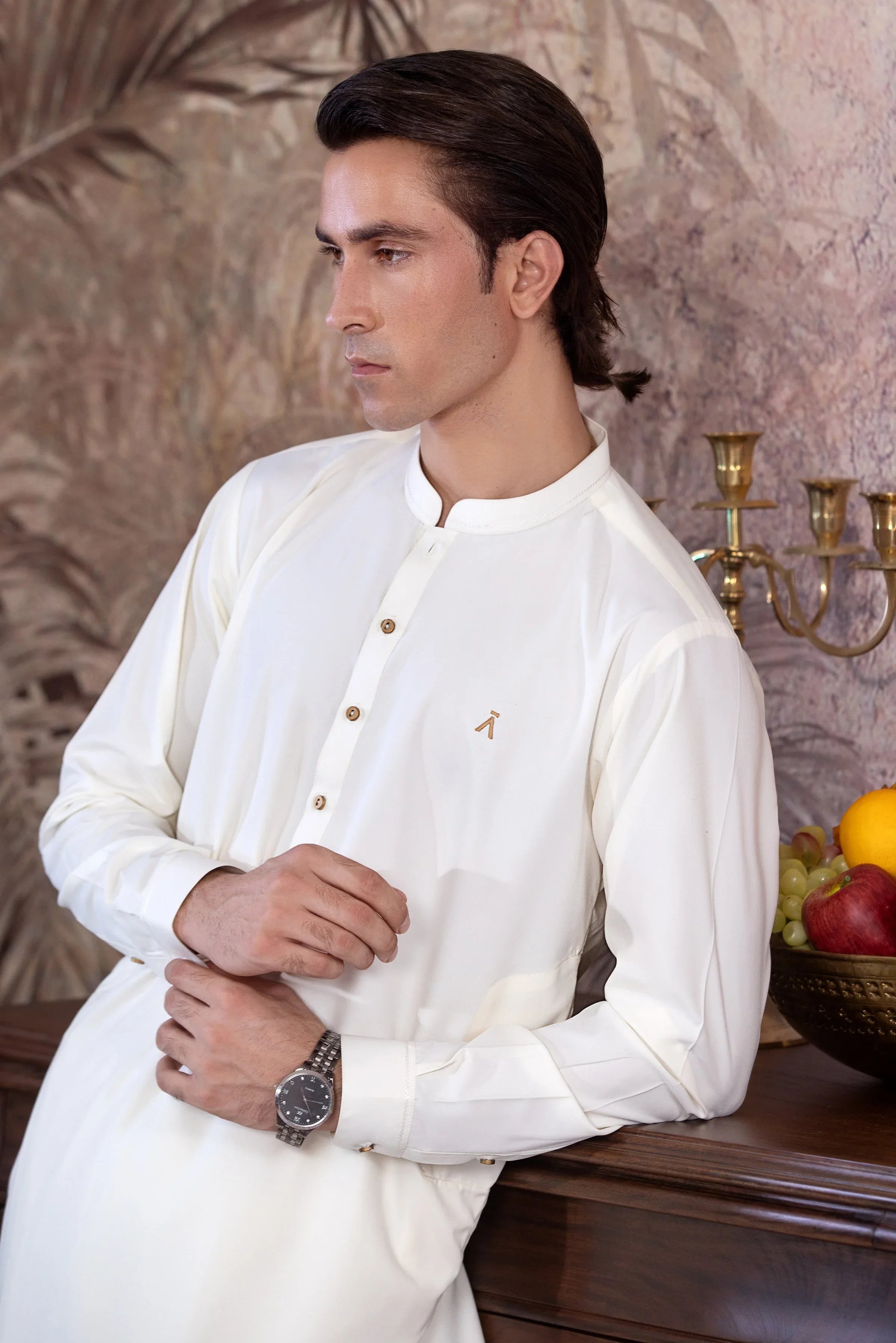 Stitched Boski Kurta Shalwar With Contrast Logo & Metal Buttons for Men - Cream - A Man