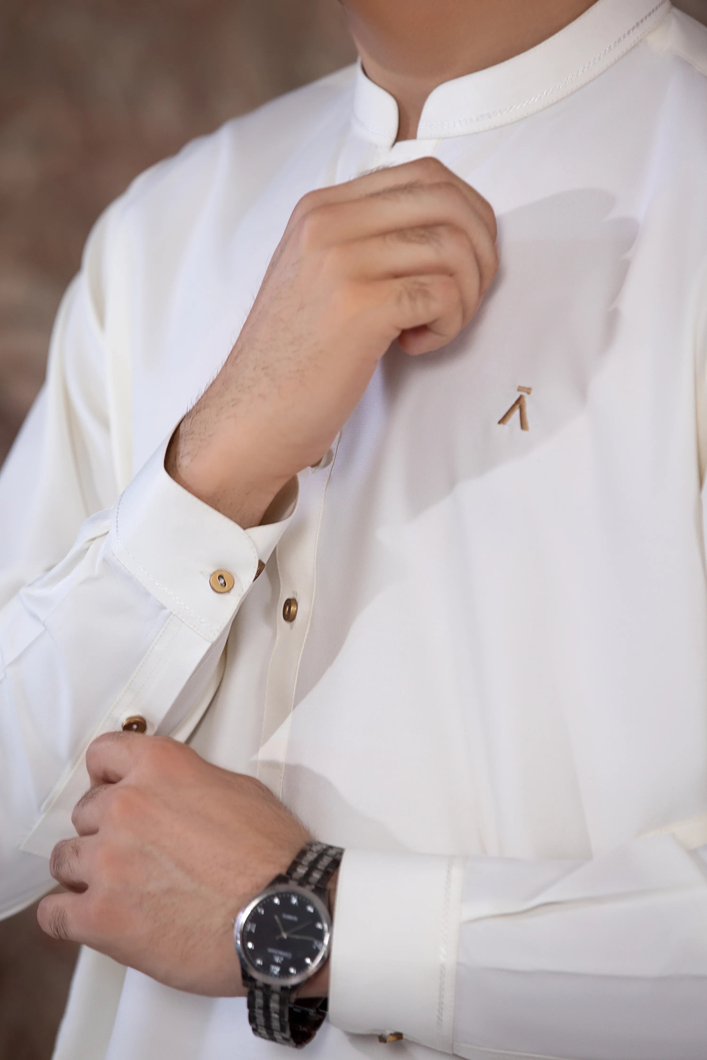 Stitched Boski Kurta Shalwar With Contrast Logo & Metal Buttons for Men - Cream - A Man