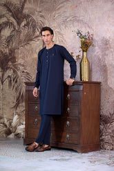 Stitched Ban Less Short Kurta With Matching Trouser & Golden Buttons for Men - Navy Blue - A Man