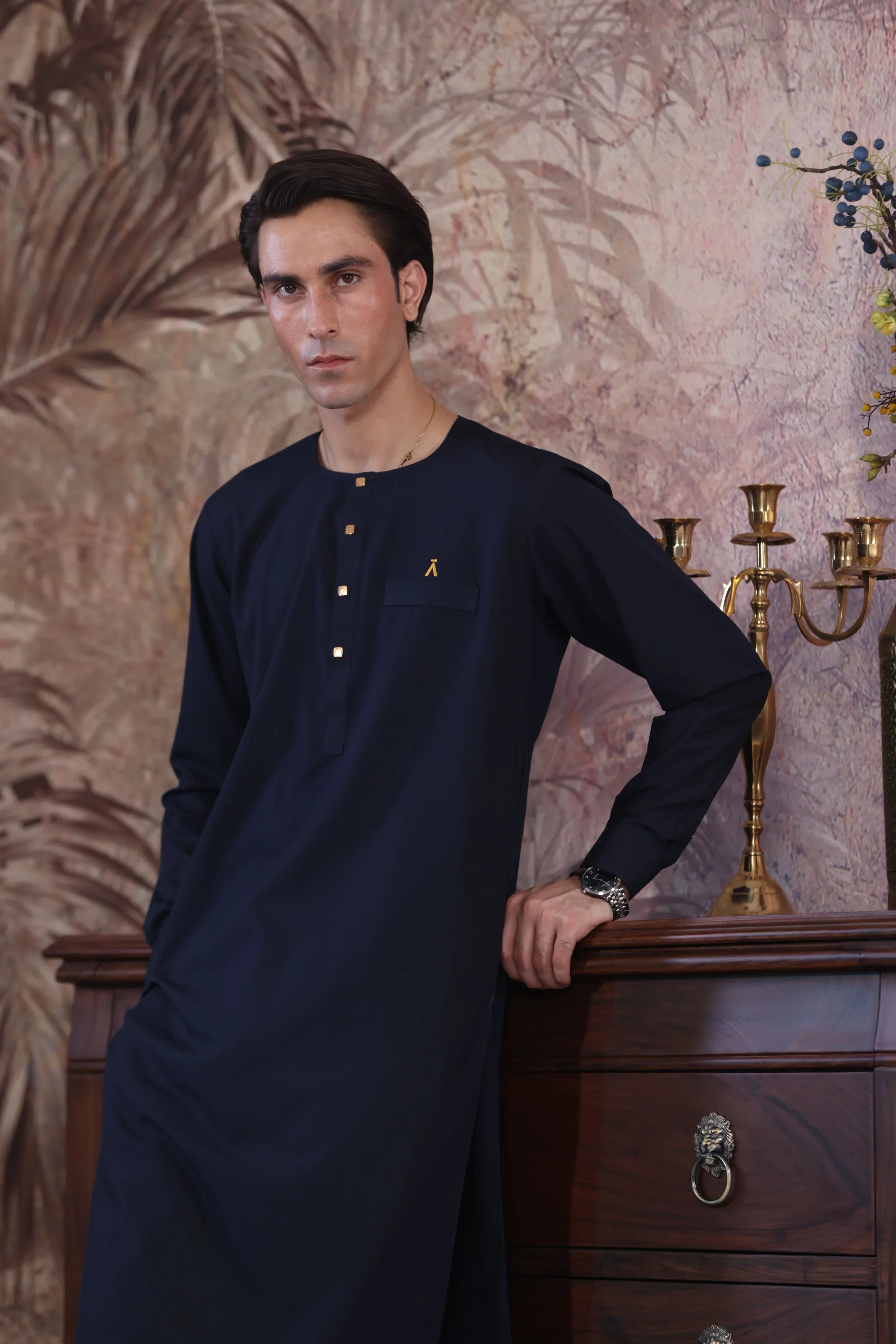 Stitched Ban Less Short Kurta With Matching Trouser & Golden Buttons for Men - Navy Blue - A Man