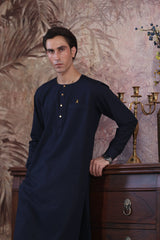 Stitched Ban Less Short Kurta With Matching Trouser & Golden Buttons for Men - Navy Blue - A Man