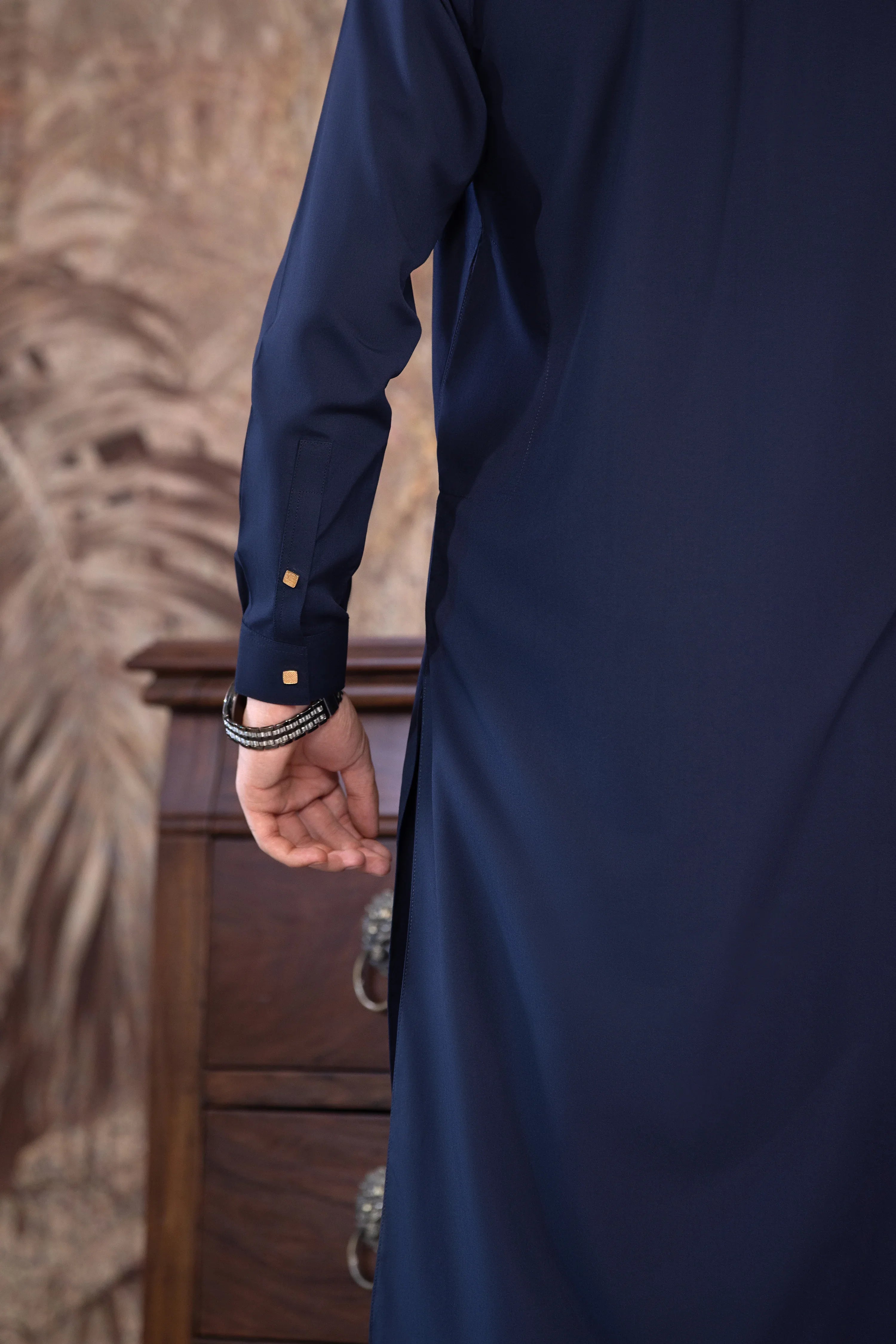 Stitched Ban Less Short Kurta With Matching Trouser & Golden Buttons for Men - Navy Blue - A Man