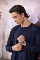 Stitched Ban Less Short Kurta With Matching Trouser & Golden Buttons for Men - Navy Blue - A Man