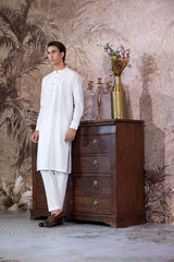 Stitched Blended Kurta Trouser With Copper Metal Buttons for Men - Off White - A Man