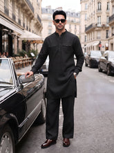 Stitched Cotton Kurta Trouser Set Relaxed Fit - Midnight Black