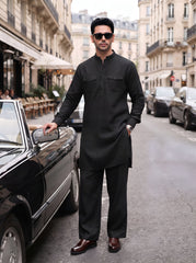 Stitched Cotton Kurta Trouser Set Relaxed Fit - Midnight Black