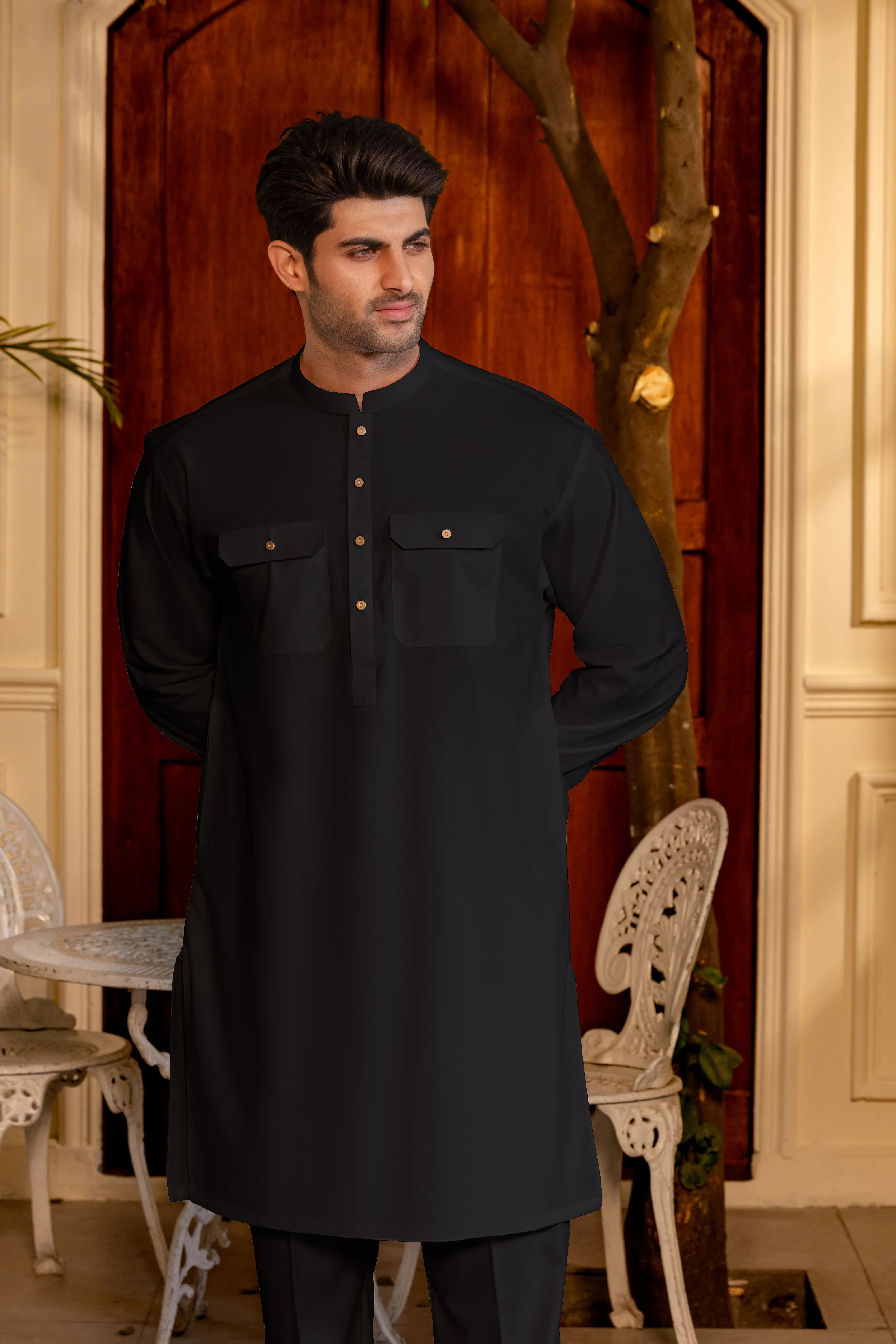 Stitched Double Pocket Boski Kurta Trouser With Contrast Metal Buttons for Men - Off White | Black | Bottle Green - A Man