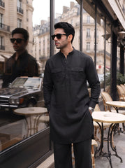Stitched Cotton Kurta Trouser Set Relaxed Fit - Midnight Black