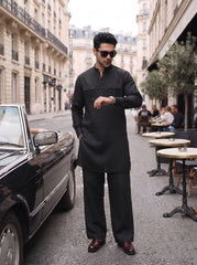 Stitched Cotton Kurta Trouser Set Relaxed Fit - Midnight Black