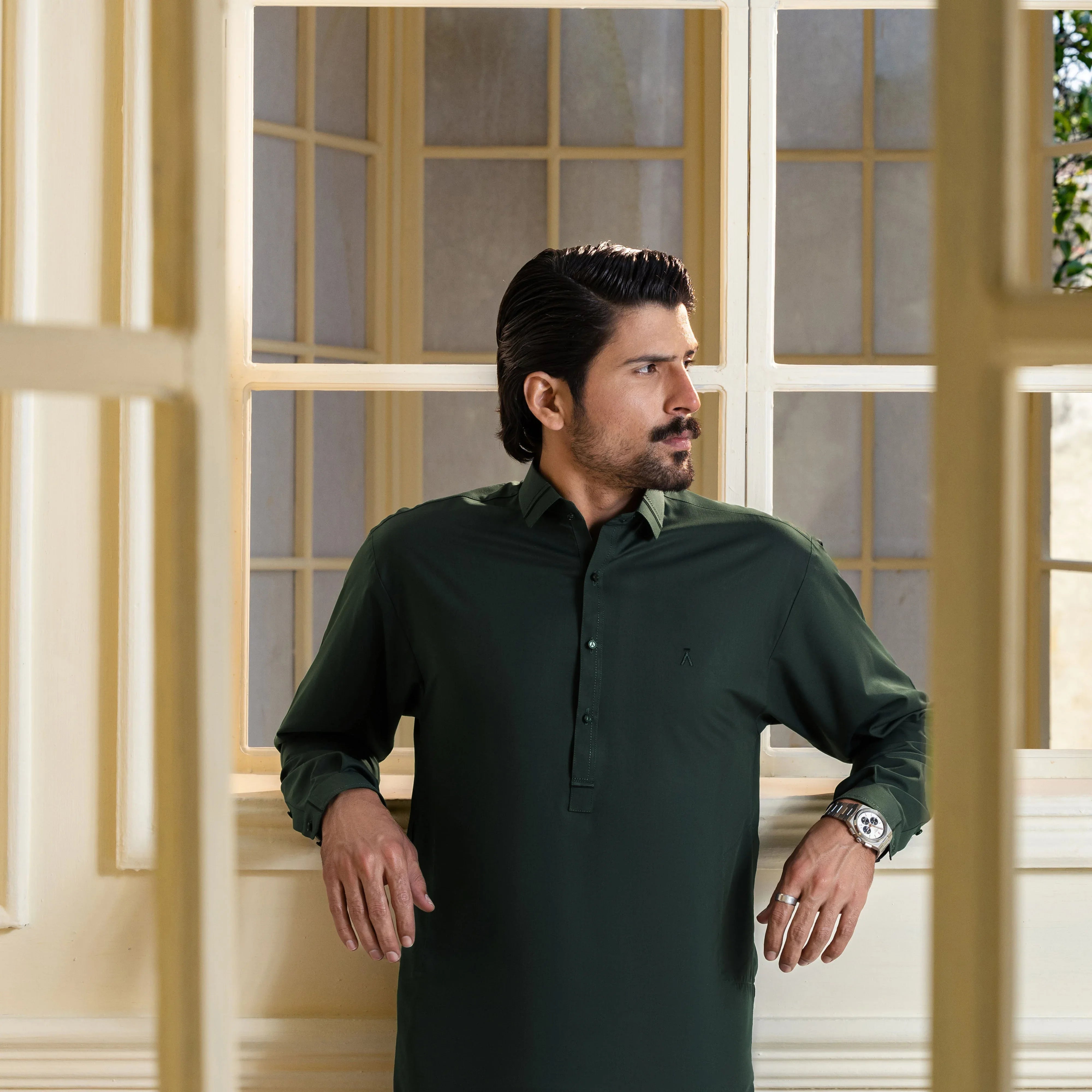 Stitched Collar Kameez Shalwar for Men - Bottle Green - A Man