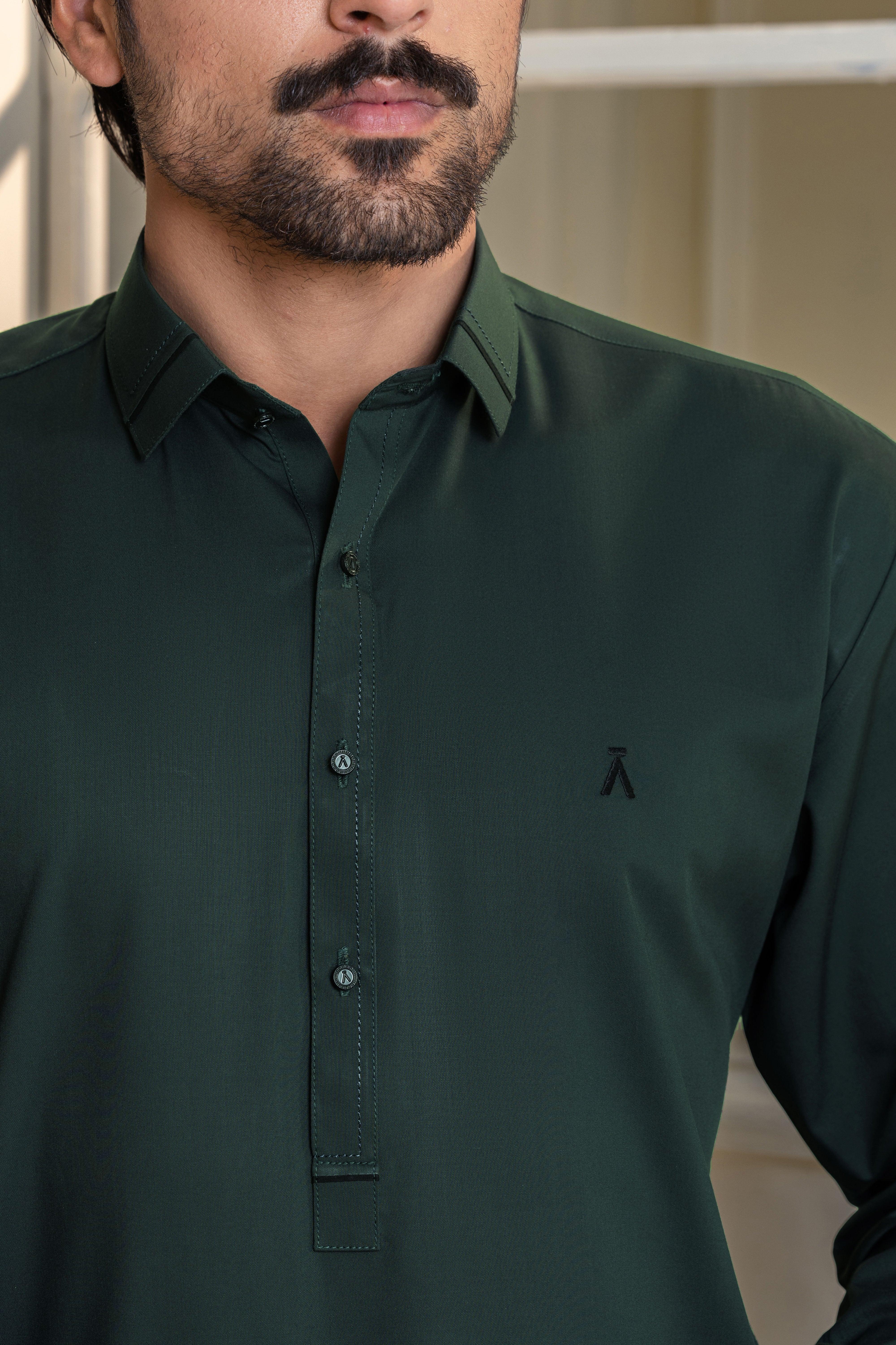 Stitched Collar Kameez Shalwar for Men - Bottle Green - A Man