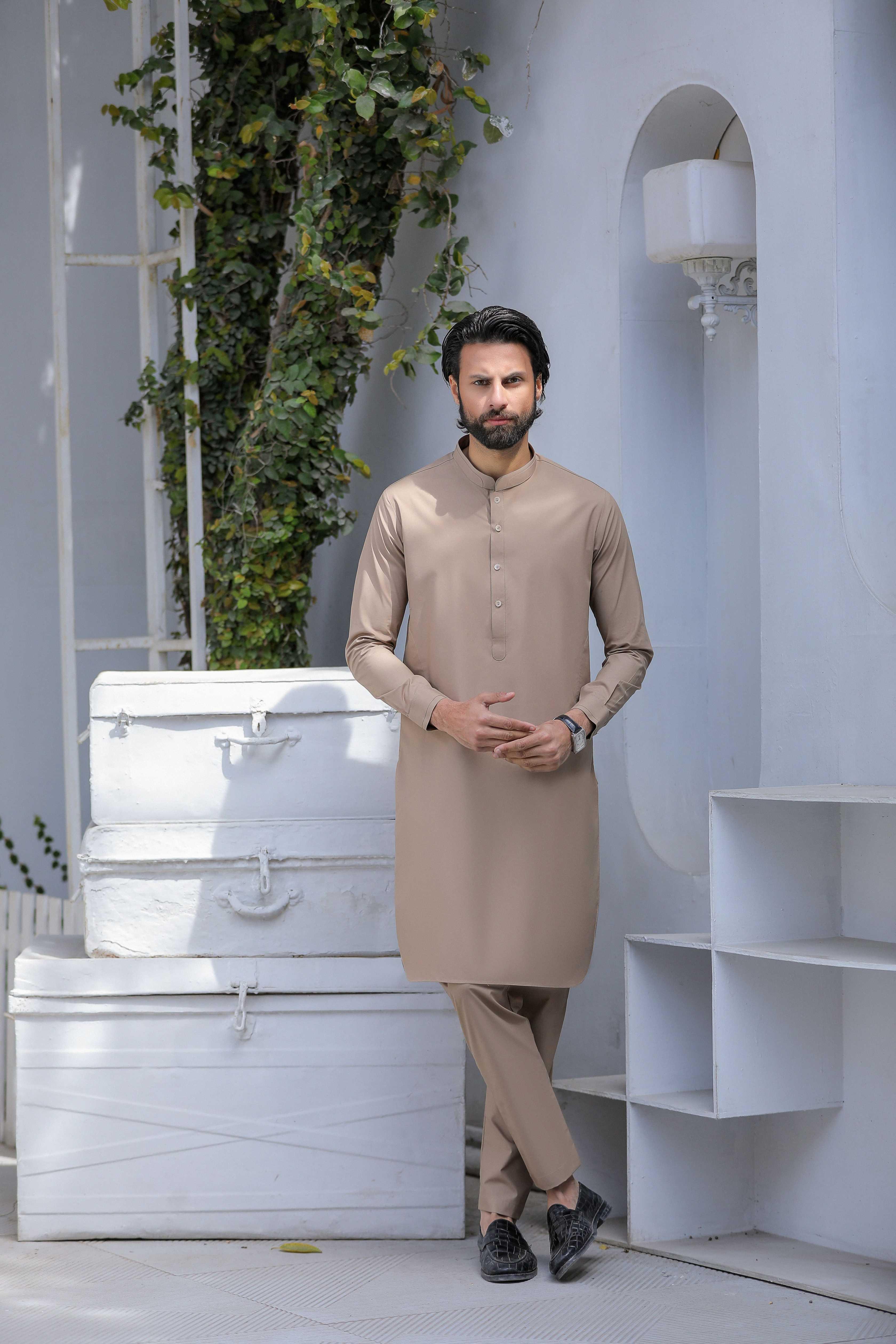 Stitched Blended Kurta With Matching Trouser for Men - Light Brown - A Man