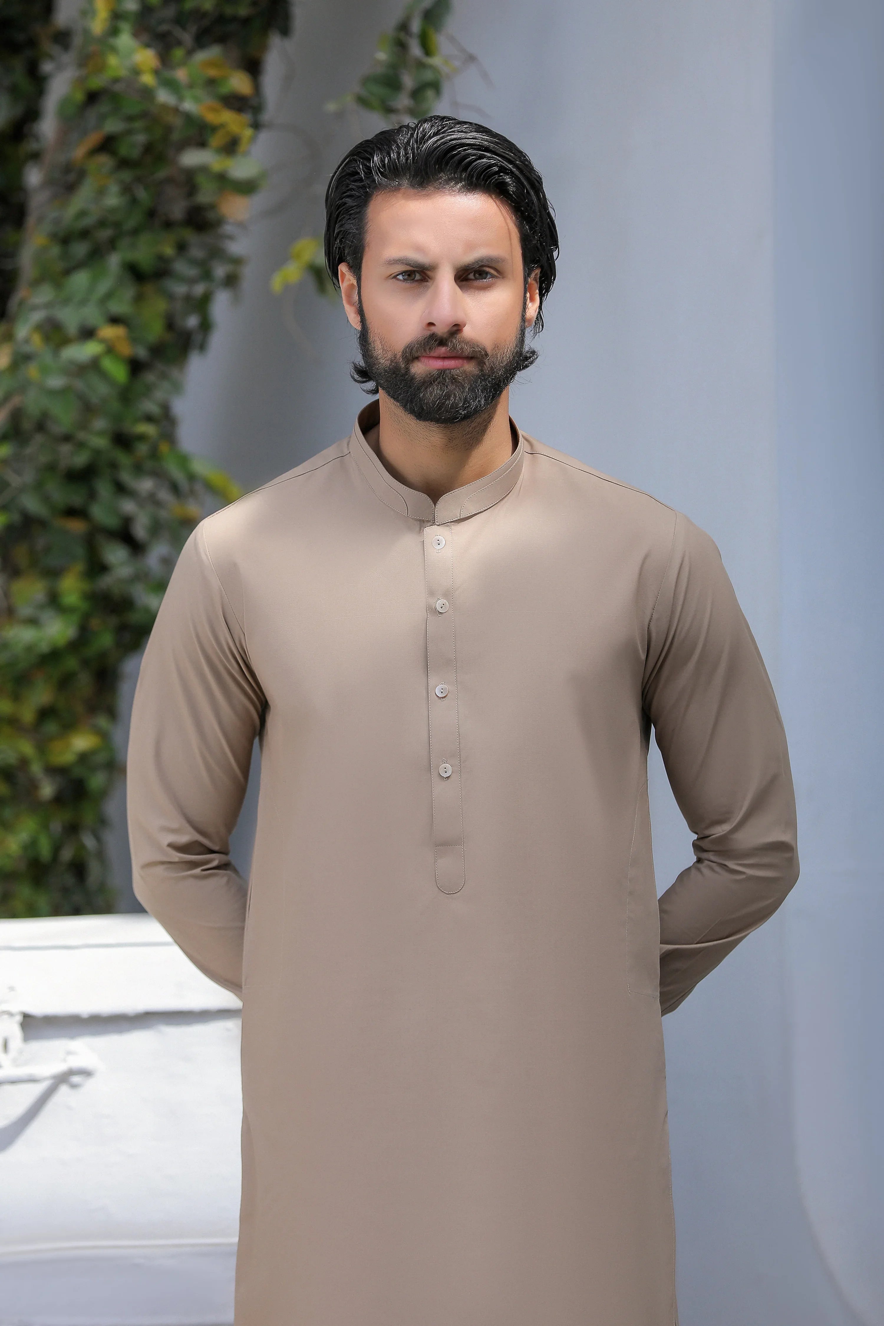 Stitched Blended Kurta With Matching Trouser for Men - Light Brown - A Man